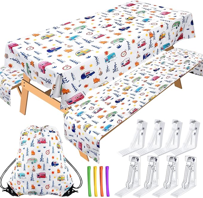 Tudomro Camping Tablecloth with Picnic Bench Covers, Picnic Table Cover Fits 4ft to 7ft Picnic Tables, Washable Reusable Polyester Table Cloth for Camping Included Storage Bag and Clip (Cute Style)