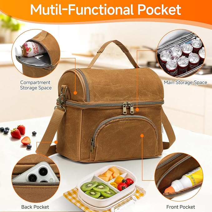 Lunch Box For Men with 2 XL icepacks,Sturdy Waxed Canvas Lunch Bag for Men,Soft adult Cooler Bag for Construction Sites,Work,Picnic and Hiking12-Can(10.5L) 10"x9.5"x7" (Biscuit Yellow)