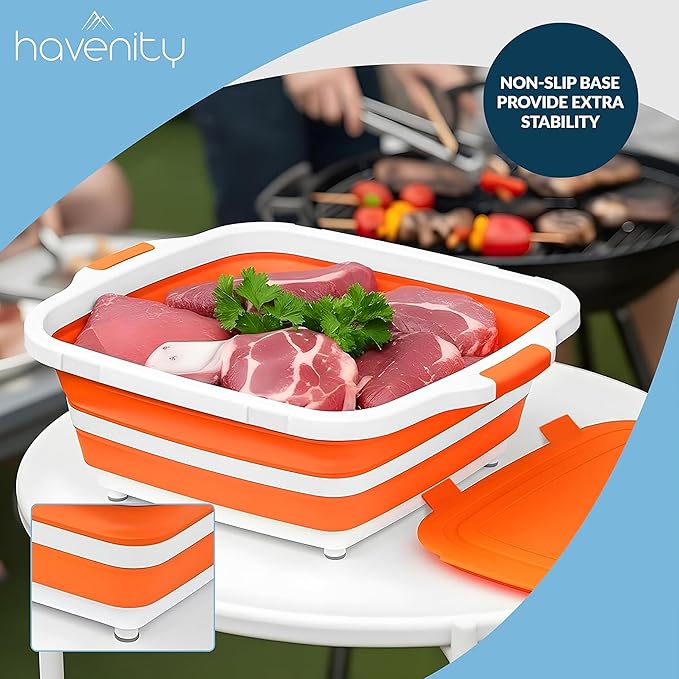 BBQ Prep Tub 8L - Multifunctional Collapsible Camping Cutting Board with Upgraded Locking Lid, Meat Storage Container for Meal Prep, Dish Basin Bowl Perfect for Grilling Outdoor (Large)