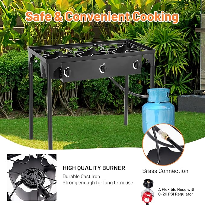 Giantex Outdoor Triple Burner Stove, High Pressure 3 Burner Stand Max. 225,000 BTU total, 0-20 PSI Regulator Detachable Legs, Portable 3 Propane Grill Burner Stove for Camping Picnic Cookout