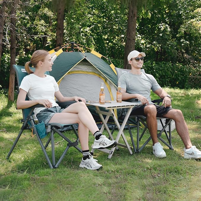 SUNNYFEEL Folding Camping Chair Outdoor Reclining Adjustable 3 Position Heavy Duty Adults 500 LBS Capacity with Hard Armrests & Cup Holder, Blue Ergonomic Chairs for Outdoor, Camp, Beach, Travel, RV