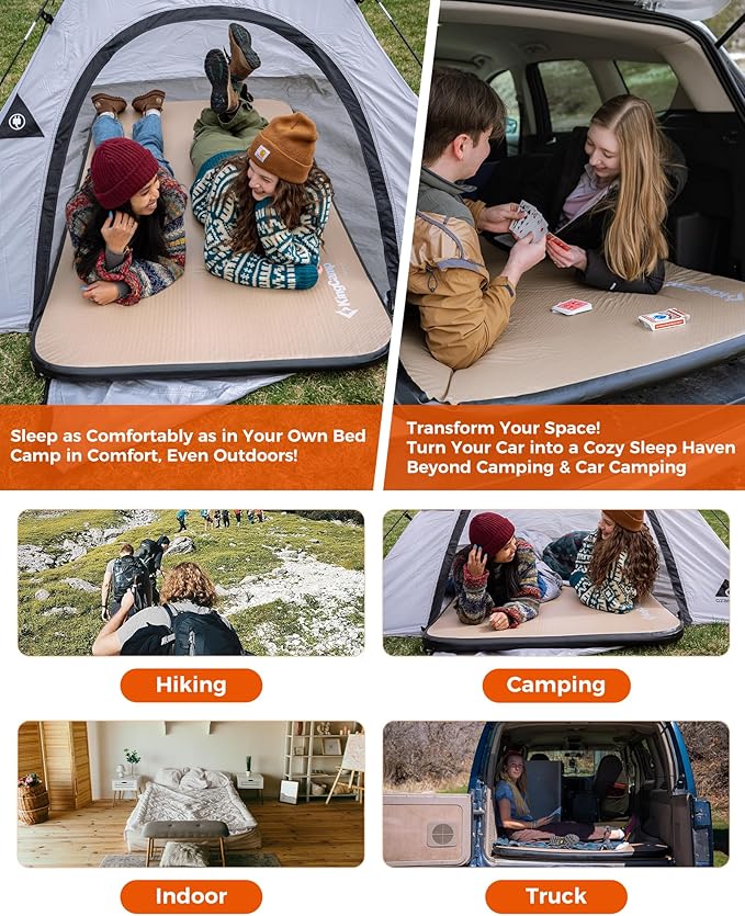 Kingcamp FLEXIREST Inflatable Sleeping Pad for Camping, No Sag PVC-Free High-Support Air Camping Mattress Single Twin Double Sleeping Mat for Car Tent Outdoor Glamping Cot Travel, 1100lbs Capacity