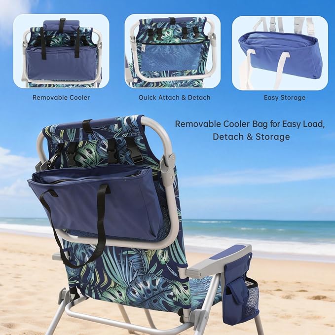 SUNNYFEEL Low Beach Chairs for Adults 5 Position Lay Flat, Portable Folding Backpack Beach Chair Heavy Duty with Cooler Bag, Cup Holder for Outdoor/Lawn/Picnic, Foldable Camping Chair
