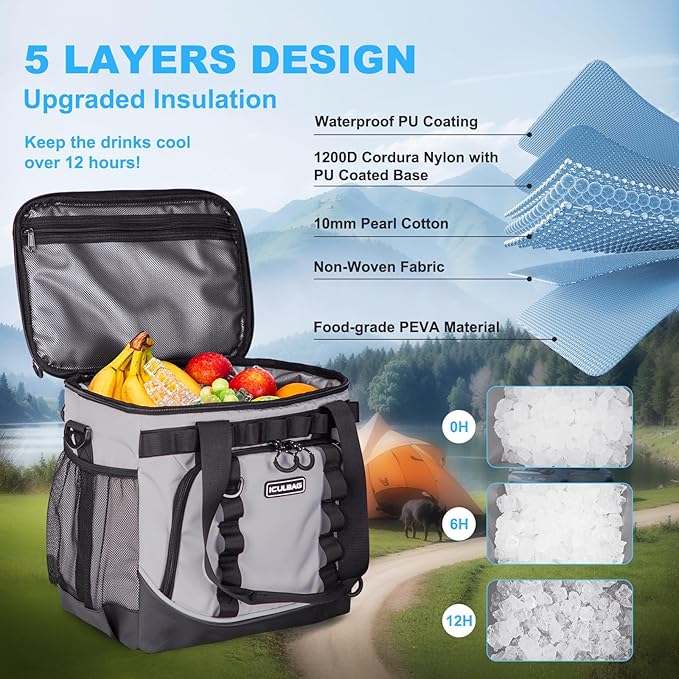 Soft Travel Coolers Bags Insulated Cooling 16hour for Camping Hiking Beach Travel Soft Sided Insulated Cooler Bag 20/48Cans for Women Men