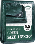 RAINDEWAY Tarps 16x20 Feet,Tarp Waterproof,5.5 Mil Thick, Multipurpose Waterproof Poly Tarp Cover with Metal Grommets and Reinforced Edges,Green Tarps