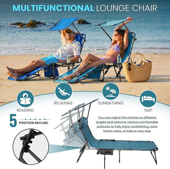FUNDANGO 4 in 1 Tanning Chair with Face Hole & Canopy Shade, 400lbs Beach Lounge Chair with Side Table Chaise Lounge Chairs for Patio, Pool, Lawn, Sunbathing, 5-Position Adjustable Sun Lounger,Cyan