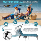 FUNDANGO 4 in 1 Tanning Chair with Face Hole & Canopy Shade, 400lbs Beach Lounge Chair with Side Table Chaise Lounge Chairs for Patio, Pool, Lawn, Sunbathing, 5-Position Adjustable Sun Lounger,Cyan