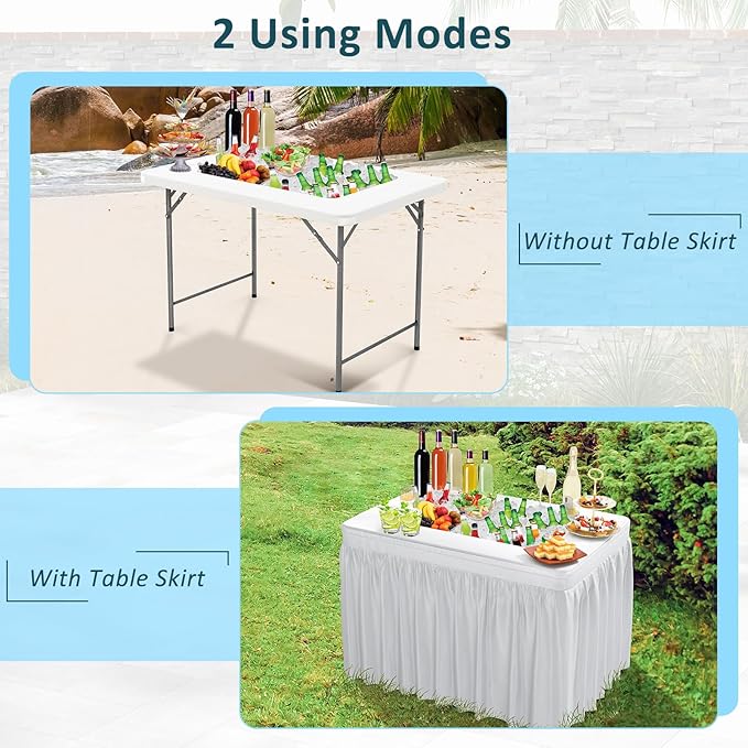 Giantex Foldable Ice Bin Table with Drain & Bucket, Removable Skirt, 48" x 32" HDPE Cooler Table for Parties, Catering, Weddings, Outdoor Events, Portable Fill and Chill Beverage Serving Station