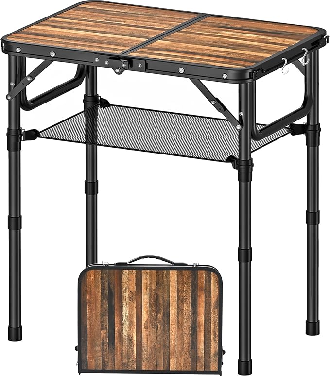 Folding Picnic Table with Storage Net, 3 Adjustable Heights Aluminum Small Folding Table, Lightweight, Portable Carrying Handle, for Camping Travel Outdoor