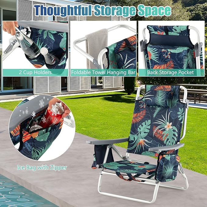 GYMAX Beach Chairs, Backpack Camping Chair with Armrest, Cooler Bag, Cup Holder, Towel Bar & Side Pockets, Sunbath Sling Tanning Lounge, Folding Layout Chair (4 Chairs Without Table, Flower)