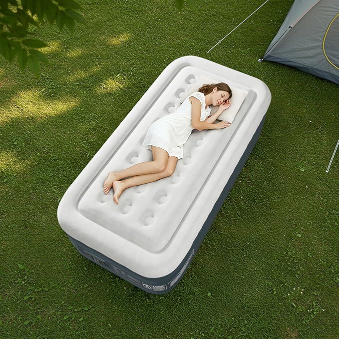 Outvita 18in Twin Air Mattress with Built-in Pump, Quick Assembly Comfort Luxury Blow Up Air Bed Self-Inflation/Deflation - Breathable and Flatness-Free for Guests and Home, Camping, Travel