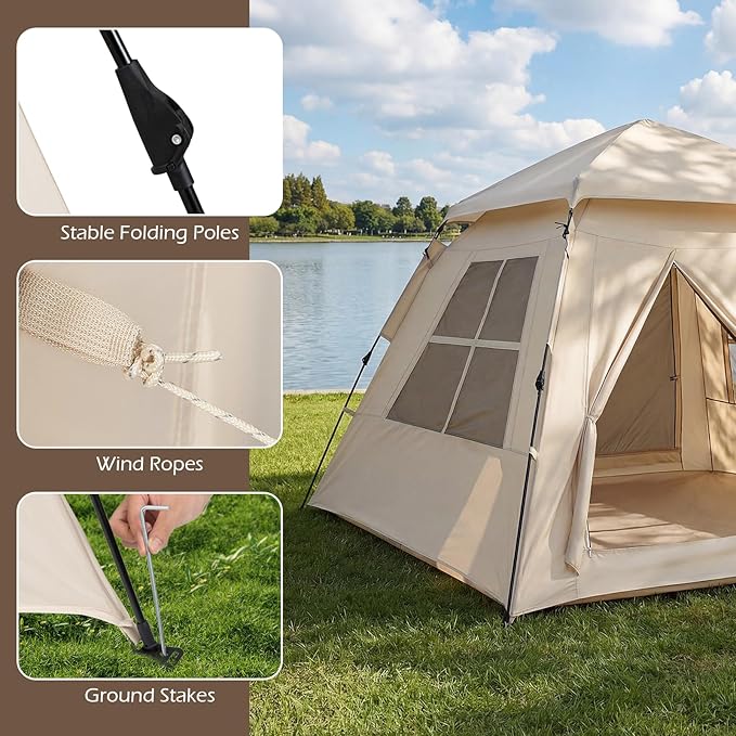 Goplus 4 Person Camping Tent, Portable Automatic Easy Setup Cabin Tent with Rainfly, Mesh Windows, 2 Doors & Carrying Bag, Lightweight Outdoor Sun Shelter for Hiking Traveling Picnic