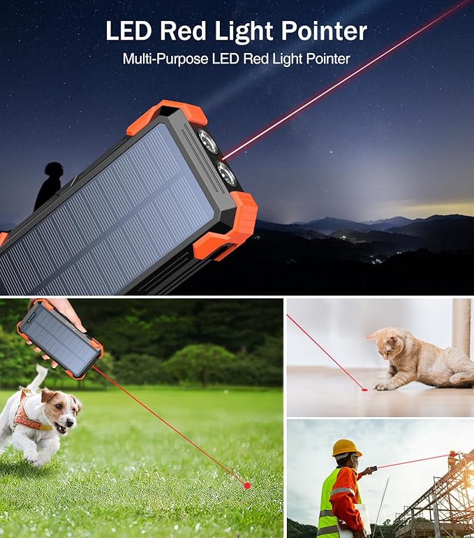 GOODaaa Portable Charger 42800mAh Built in 4 Cables and Thermometer 15W Fast Charging Power Bank Five Outputs Three Inputs Solar Charger Power Bank, SOS/Strobe/Strong Flashlights, Carabiner