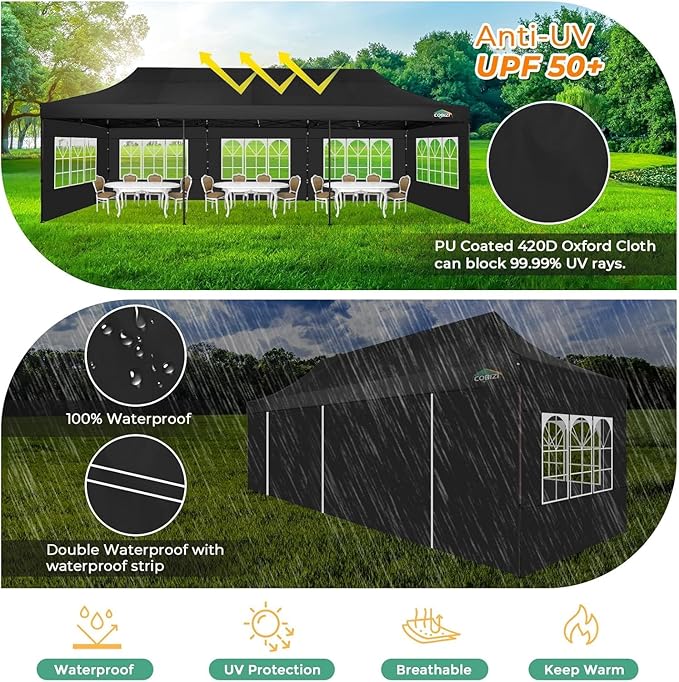 COBIZI 10x30 Heavy Duty pop up Canopy, Commercial10x30 Party Tent for Parties Waterproof Gazebos with 8 Sidewalls, All Season Wind & Waterproof UPF50+,Stable Thickened Frame, Black
