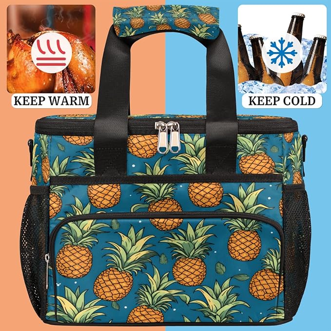 Leakproof Reusable Insulated Cooler Lunch Bag Summer Pineapple Pattern Picnic Lunch Box for Women Men Cooler Tote Office Work Camping Beach 24 Can 15L