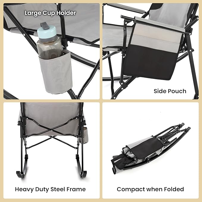 ARROWHEAD OUTDOOR Foldable Rocking Camp Chair with Large Cup Holder, Side Pocket, Space-Saving Folding, Enhanced Swinging Rocker for Camping, Fishing, Patio