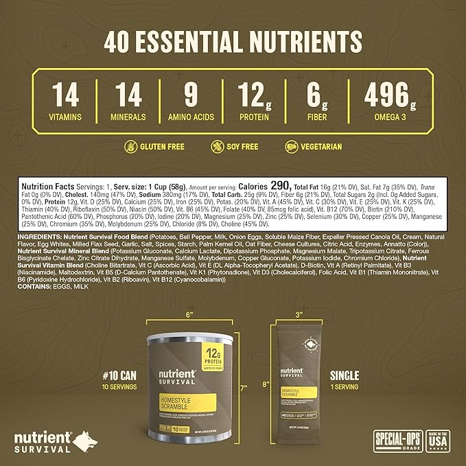 Homestyle Scramble Eggs High Protein Meal (10 Servings) Freeze Dried Prepper Supplies & Emergency Food Supply, 40 Essential Nutrients, Shelf Stable Up to 25 Years, One Can