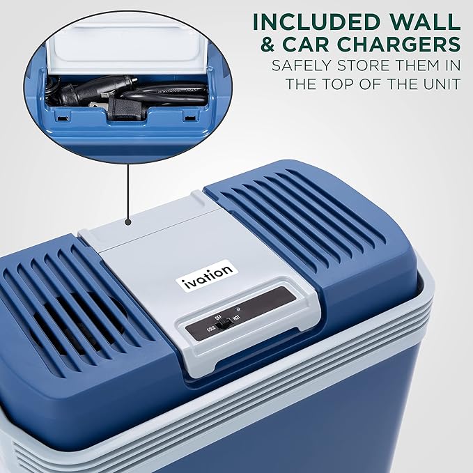 Ivation Electric Cooler & Warmer with Handle | 24 L Portable Thermoelectric Fridge for Vehicles & Trucks| 110V AC Home Power Cord & 12V Car Adapter for Camping, Travel & Picnics