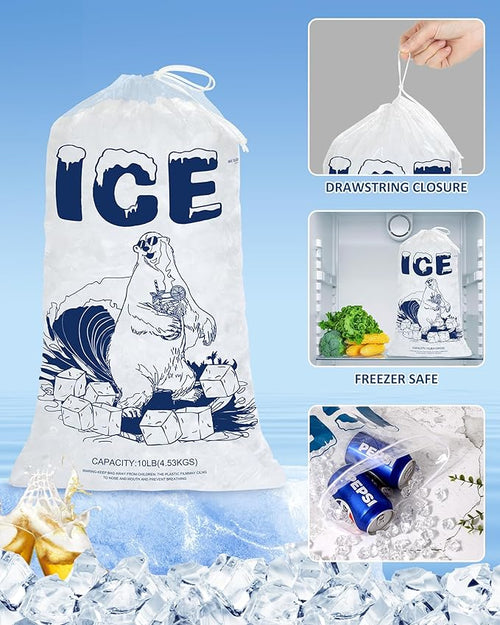 50 Pack 10lb Ice Bags with Drawstring – Heavy-Duty Reusable Plastic Ice Cube Bags for Freezer, Camping, Cooler, Leak-Resistant Ice Storage Bag