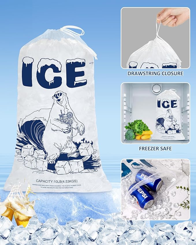 10Lb Ice Bags with Drawstring – 100 Pack Heavy-Duty Plastic Ice Storage Bags, Leak-Resistant & Freezer Safe, Reusable for Coolers, Events, Parties, Camping, Catering