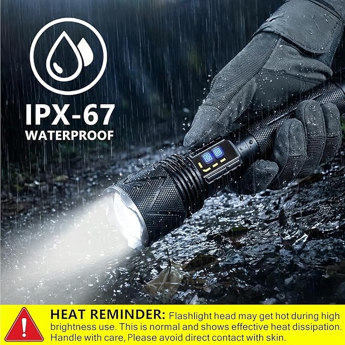 Rechargeable Flashlight 10,000 High Lumens, 70W XHP360 LED Super Bright Tactical Zoomable Flashlights with USB Output, Large Capacity Powered Waterproof Flash Light for Emergencies, Camping, Hunting