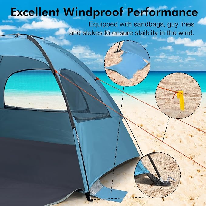 WhiteFang Beach Tent Anti-UV Portable Sun Shade Shelter for 3 Person, Extendable Floor with 3 Ventilating Mesh Windows Plus Carrying Bag, Stakes and Guy Lines (Blue)