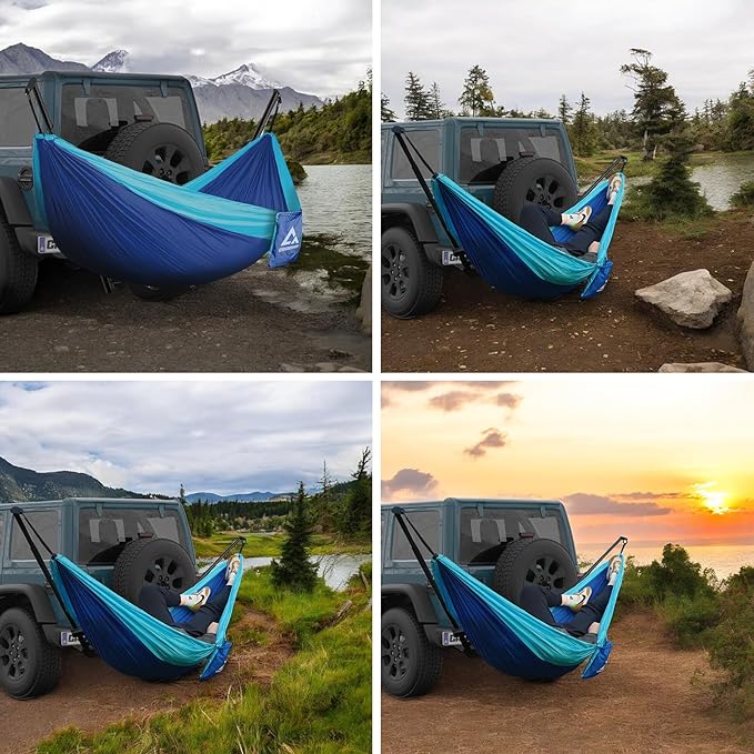 Hitch Mount Hammock Stand - Includes Parachute Nylon Hammock & Storage Bag - for 2'' Receiver, Fits Class III & IV Heavy Duty Trucks, for Camping, Outdoor, Travel (350lbs Weight Capacity)