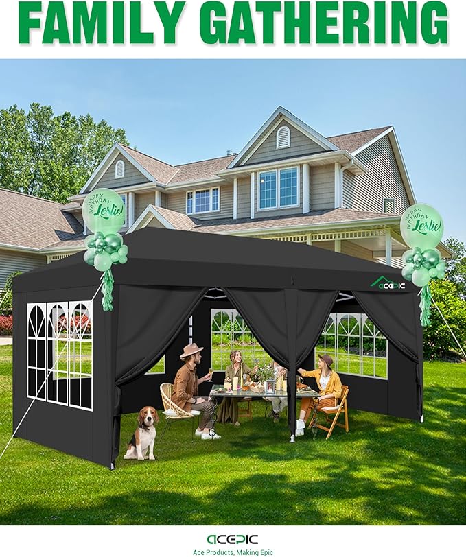 10x20 Pop Up Canopy with 6 Removable Sidewalls, 2 Central Lock Easy Set-up Outdoor Party Tent with Top Vent, Commercial Tent, Hand Bag x1, Sandbags x4, Stakes x8, Ropes x4 (Black, 10 * 20)