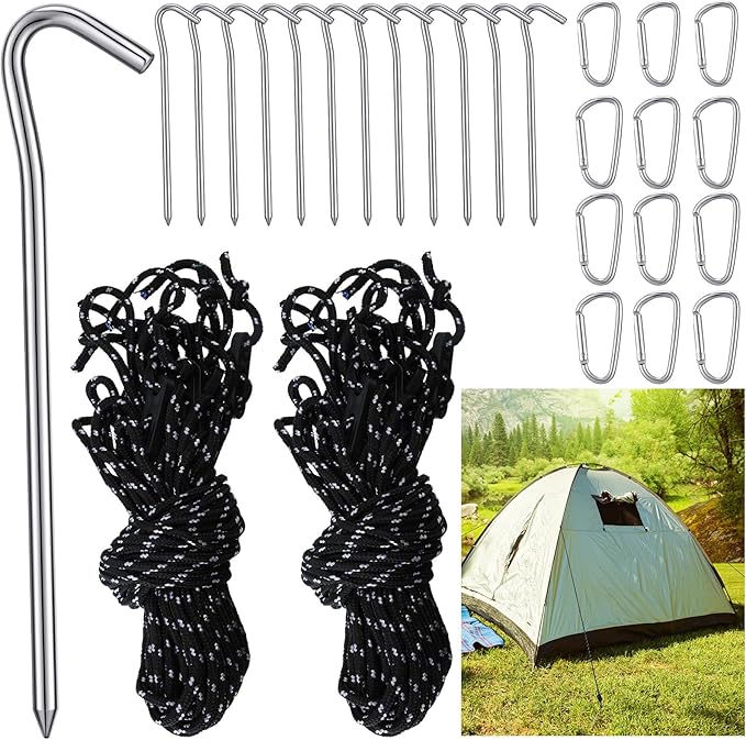 36 Pieces Inflatable Stakes and Tethers Replacement Tethers and Aluminum Metal Stakes Yard Inflatable Accessories with Hook for Fixing Halloween Christmas Decorations Inflatables Lawn Decor Tent