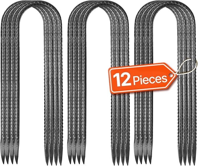 VEVOR Rebar Stakes, 10-Inch, Heavy-Duty 0.32 in Diameter U Shape, Galvanized Steel Ground Anchors with Chisel Point End & Rust-Resistant Coating, for Gardening Support, Fence, Camping Tents (12-Pack)