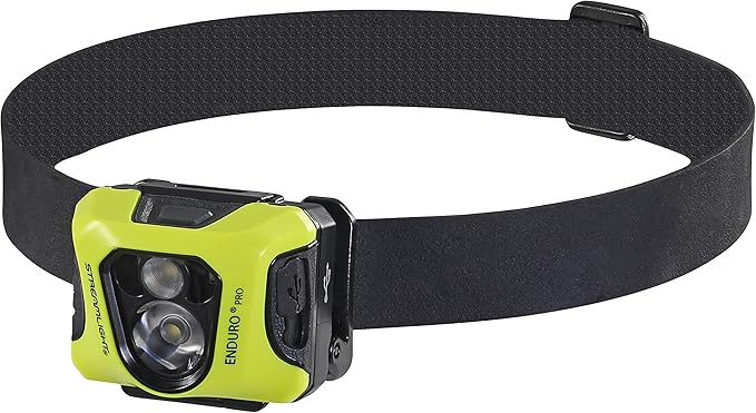 Streamlight 61436 Enduro Pro 200-Lumen USB Rechargeable LED Headlamp with Elastic Head Strap, Rubber Hard Hat Strap, 3M Dual Lock Fasteners, and USB Cable, Yellow