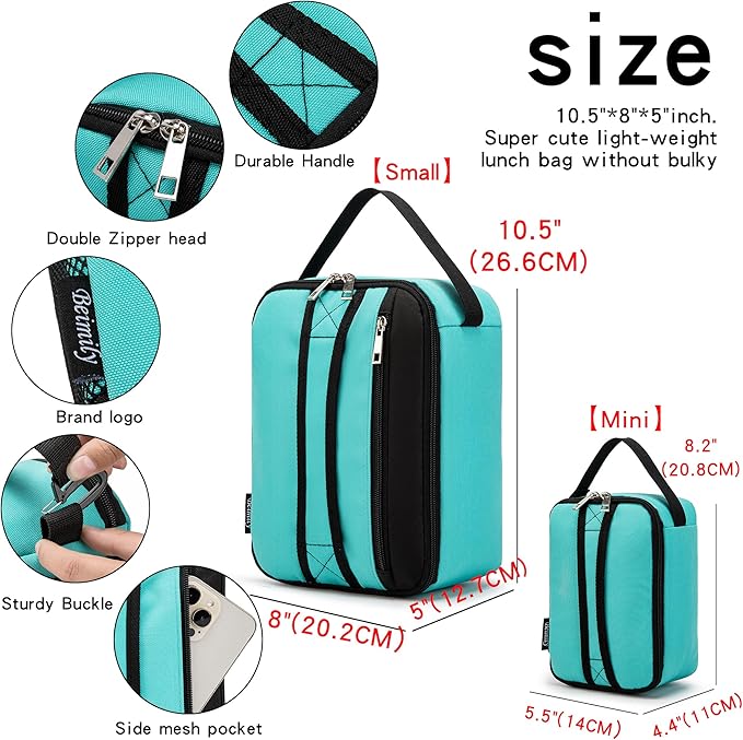 BEIMILY Lunch Box for Men Women Adults,Small Insulated Lunch Bag for Office Work Picnic,Reusable Portable Lunchbox,Soft Cooler Tote Bag(Light blue green)