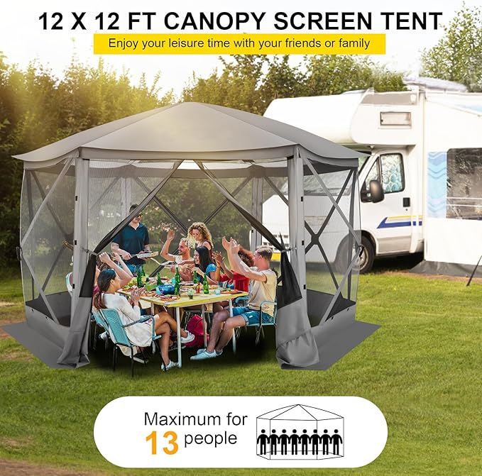 COBIZI Pop Up Gazebo Screen Tent Screen House for Camping, 12x12 Screen Room with Mosquito Netting, Hub Tent Instant Screened Canopy with Carrying Bag and Ground Stakes, Gray