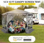 COBIZI Pop Up Gazebo Screen Tent Screen House for Camping, 12x12 Screen Room with Mosquito Netting, Hub Tent Instant Screened Canopy with Carrying Bag and Ground Stakes, Gray
