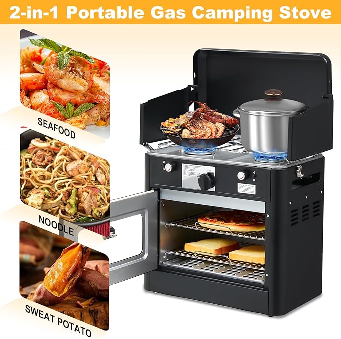 Bonnlo 2-in-1 Camping Oven & Portable Gas Stove Combo with 3-side Windscreen, Powerful 19,800 BTU Propane Oven with One-click Ignition, Heat-resistant Coating & Thermometer for Outdoor Use, Black