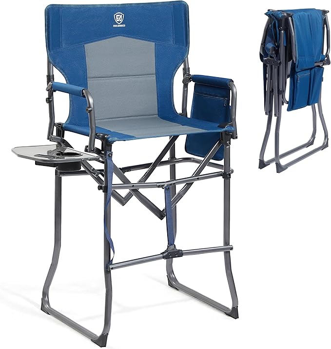 EVER ADVANCED Portable 30.7" Seat Height Tall Folding Camping Chair Directors Chair High Foldable Bar Stool with Side Table for Makeup Artist, Sports Event, Craft Show, Supports 350LBS