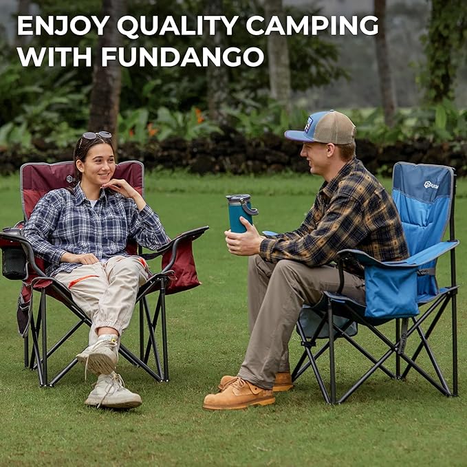 FUNDANGO Oversized Camping Chairs for Adults, Heavy Duty Fold Up Sports Games Lawn Chairs, Extra Wide Big Man Outdoor Chairs with Padded Lumbar Support Backrest, Bag Included for Camp, Beach, 2 Pack