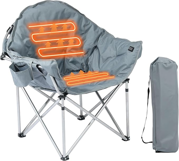 SunSettler Heated Camping Chair, Oversized Heated Outdoor Chairs for Adults with 3 Heat Levels, Portable Folding Padded Chair for Camp, Lawn, Sports (Battery NOT Included) (Grey, Oversized)