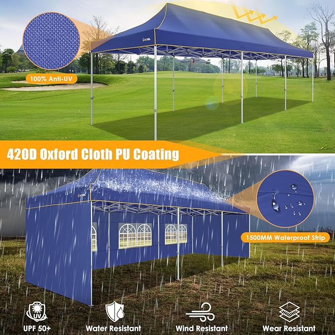 HOTEEL 10x30 Heavy Duty Pop Up Canopy Tent with 5 Sidewalls&Wheeled Bag, Commercial Event Party Tent Wedding Instant Canopy Waterproof, Upgraded Thicked Hexagonal Legs, UV 50+, Deep Blue