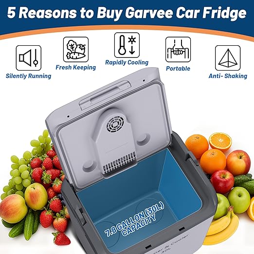 Garvee 32 QT (30 L) Electric Cooler & Warmer with Handle, Portable Car Refrigerator, 12V Car Cooler, 110V AC Home Power Cord, Plug In Coolers, Car fridge for Vehicle, Truck, Travel, Camping, Gray