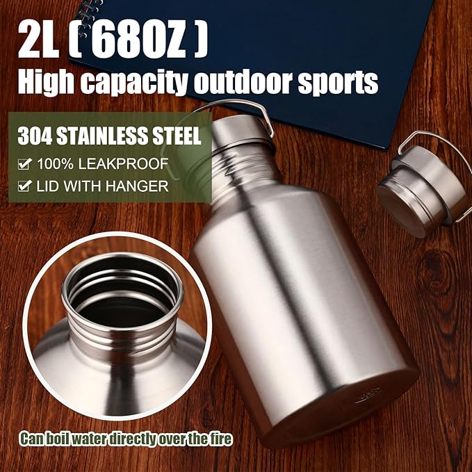68oz Canteen Large Stainless Steel Water Bottle with 2 Nested Camping Cups Leak Proof Reusable Thickened Metal Canteen Wide Mouth Water Boiler Survival Gear for Camping Hiking and Backpacking