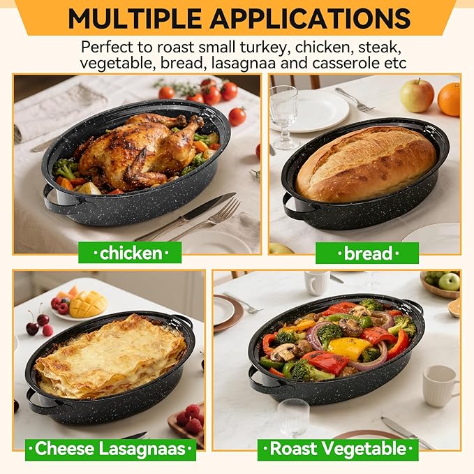15.4” Roasting Pan With Lid, Oval Roaster Pan, Medium Roasting Pan For 10 Lb Turkey, Chicken, Lamb, Vegetables, Casserole, Lasagnaa