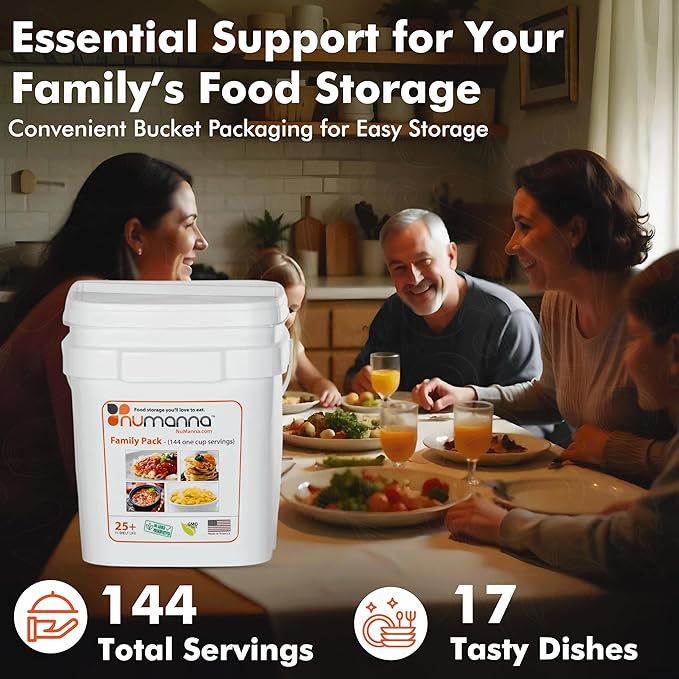 Numanna Family Pack Emergency Food Storage Bucket – 432 Servings, 60 lbs | 3-Months Survival Meal Kit for Long-Term Preparedness | Non-GMO Freeze-Dried Meals in Resealable Pouches | Healthy, Nutritious Everyday Food Supply | 25+ Year Shelf Life | Made ...