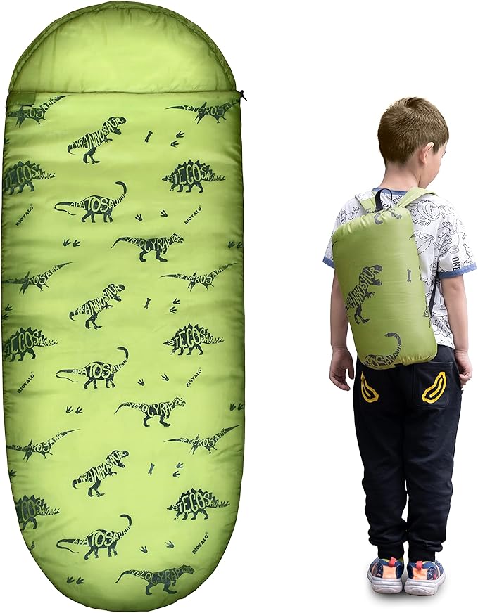 Kids Glow-in-The-Dark Dinosaur Sleeping Bag for Boys Camping Hiking - Machine Washable, Durable, Waterproof, Lightweight - Slumber Bag & Backpack 2 Pc Gift Set - Age 3-10 | 58" L X 27" W