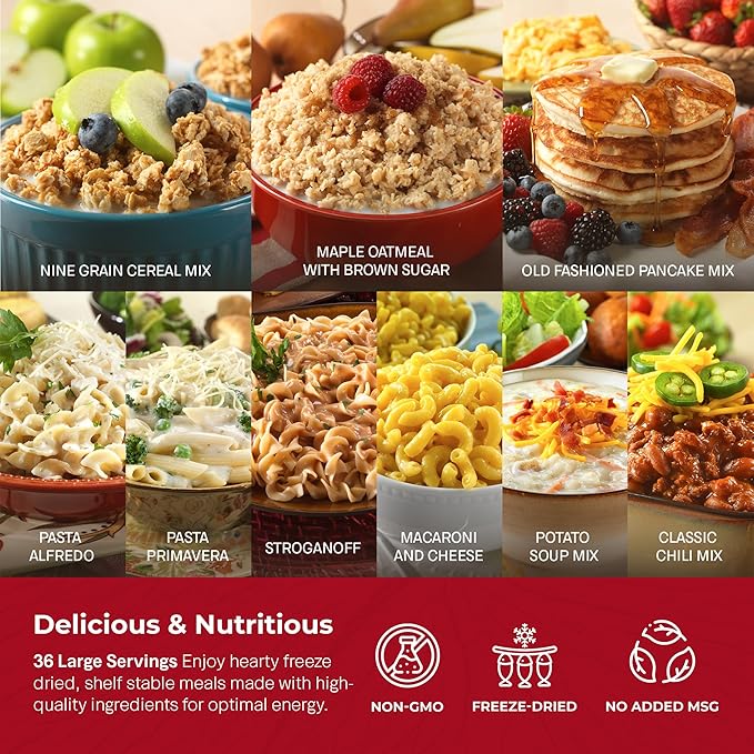 Legacy Food Storage 36 Serving Emergency Food Supply Box, Shelf Stable Breakfast Lunch & Dinner, 14,360 Total Calories, Freeze Dried Survival Meals for MRE Camping, Hiking, Prepping