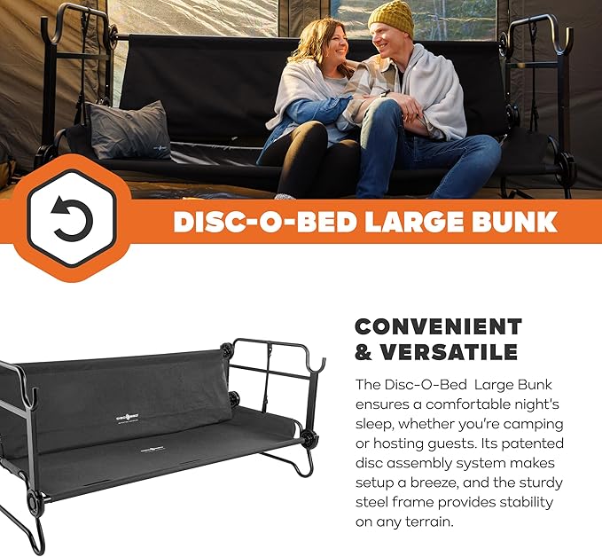 Disc-O-Bed Large Outdoor Convertible 2 Person Bench and Double Camping Cot Portable Bed Bunk System for Adults, Black