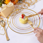 bUCLA 300Pcs Clear Gold Plastic Disposable Dinnerware Set - Clear Plates with Gold Trim Include 50 Dinner / 50 Dessert Plates,50 Cups,150 Plastic Silverware Set for Party