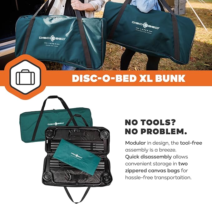 Disc-O-Bed Extra Large Portable Bunk Camping Cots with Carry Bags - Heavy-Duty Indoor or Outdoor Sleeping System, Converts to Bench or Separate Beds, 500 lb Weight Capacity Per Cot, Green