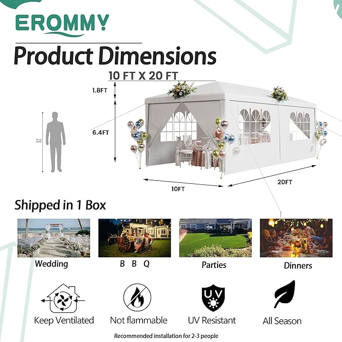 EROMMY Outdoor Party Tent 10x20 FT, Waterproof Canopy with 4 Removable Sidewalls and 2 Zipper Doors for Weddings, Events, Backyard Parties, White