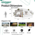 EROMMY Outdoor Party Tent 10x20 FT, Waterproof Canopy with 4 Removable Sidewalls and 2 Zipper Doors for Weddings, Events, Backyard Parties, White